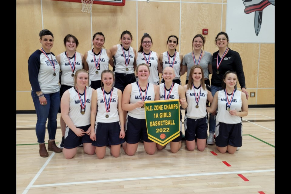 The Mallaig School girls' on the NEASAA 1A zone banner.