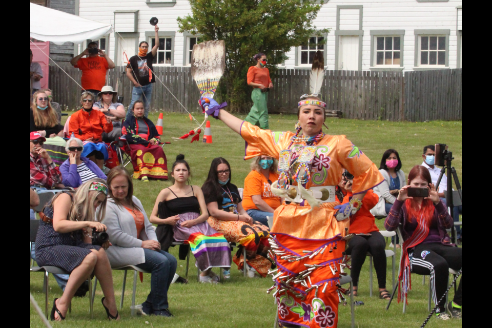 Jingle dancer Randi Lynn Nanemahoo-Candline has close family connections to the residential school system and gave an emotional account before performing a tribute dance at Wednesday’s event.
   Image Rob McKinley