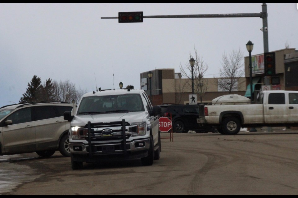 LIghts are out at the two main intersections on Lac La Biche's Main Street. The 4-way stop protocol is in place