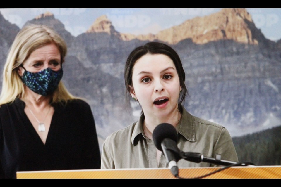 Fort McMurray teacher Ariana Mancini with NDP leader Rachel Notley at Friday morning's virtual annoucement of her candidacy in the Fort McMurray-Lac La Biche constituency byelection.