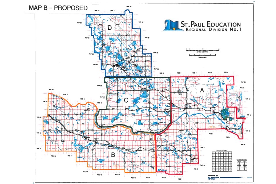 St. Paul Education has passed first reading of a new bylaw that will see the number of wards and trustees reduced by one. Pictured is the new map that is being put forward. Photo supplied.