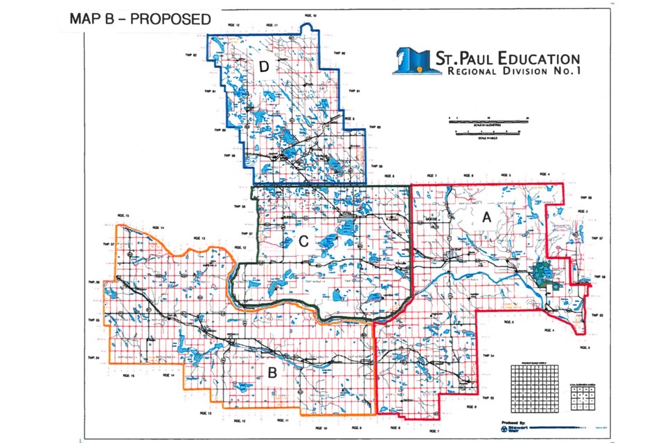 St. Paul Education has passed first reading of a new bylaw that will see the number of wards and trustees reduced by one. Pictured is the new map that is being put forward. Photo supplied.