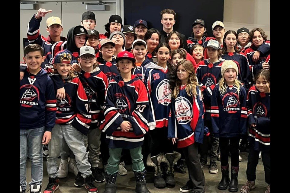 Edmonton Oil Kings player Ismail Abougouche is surrounded by La La Biche Clippers players from several of his hometown teams at a recent meet-and-greet event at Rogers Place.