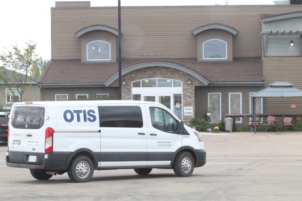 An elevator service company vehicle turns into the parking lot of the LacAlta Lodge seniors' home in Lac La Biche last week. A few weeks ago, families of residents in several seniors' homes across the Lakeland were concerned that elevator issues in buildings were affecting the lives of the residents. 