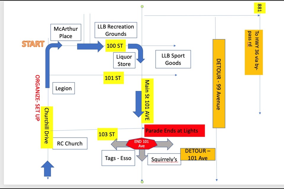 Summer Days parade will go up 100 Street, onto Main Street and finish at 103 Street.  Parade starts at 11 on Friday from McArthur Place.