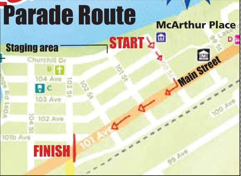 Starting at McArthur Place at 11 a.m. on Friday, the Summer Days parade will had south to Main Street, then west along Main Street for 3 blocks before ending at 103 Street.