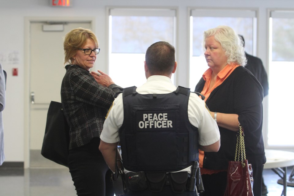 Lac La Biche County Protective Services Manager Chris Clark speaks to meeting attendees after Wednesday's lunchtime session on local crime.        Image: Rob McKinley