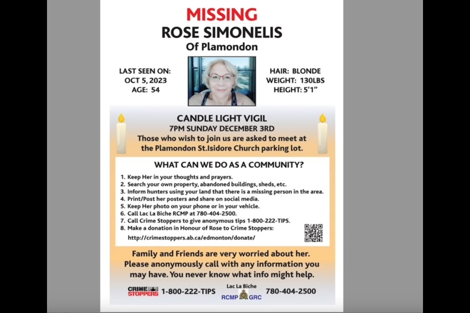 A candle-light vigil in Plamondon is set for Dec. 3. The event is hoped to raise awareness in the disappearance of Rose Simonelis.
