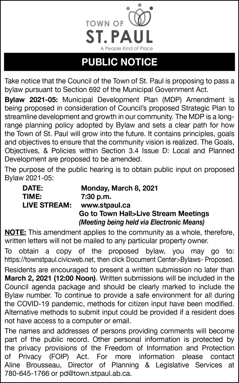 Town of St. Paul Public Notice