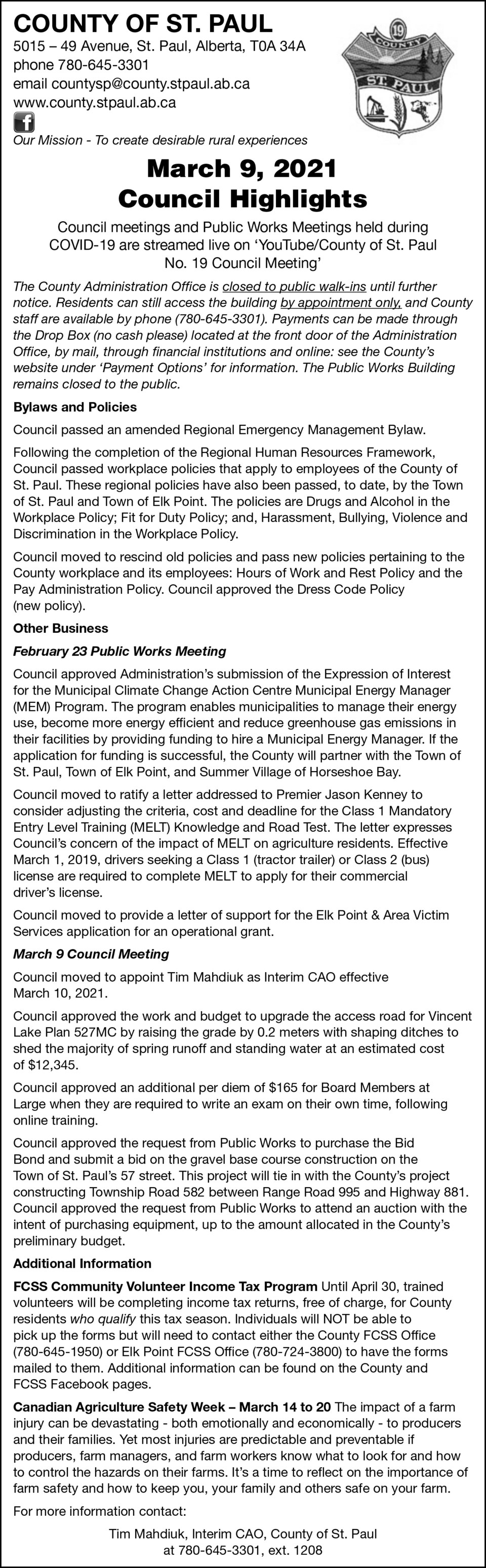 County of St. Paul Council Highlights