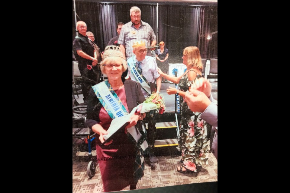With her crown, sash and flowers, Claudette Dube has been the T.O.P.S. queen of Alberta for the last year. She will present the new Queen with the honours in the coming weeks.