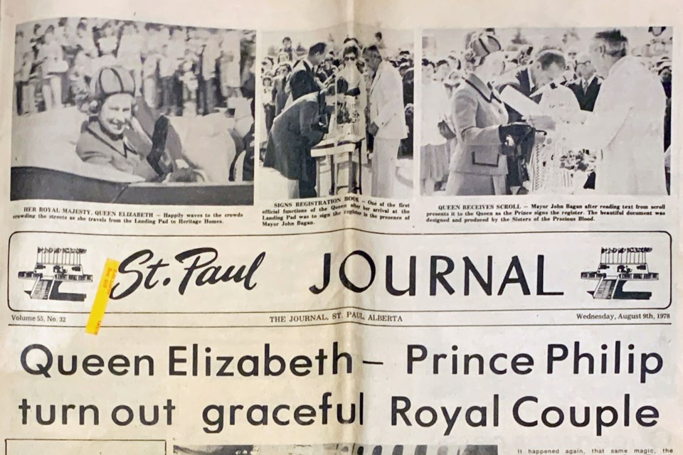 St. Paul Journal, Aug. 9, 1978 

In 1978, Queen Elizabeth II and Prince Philip visited St. Paul as part of an official royal tour. While in St. Paul the late Queen opened Heritage Homes, a seniors housing complex that still operates and continues to be run by the MD of St. Paul Foundation. Pictured is the front page of the St. Paul Journal, recording the visit, with coverage stating the Queen also stopped by the UFO landing pad and Regional School. 