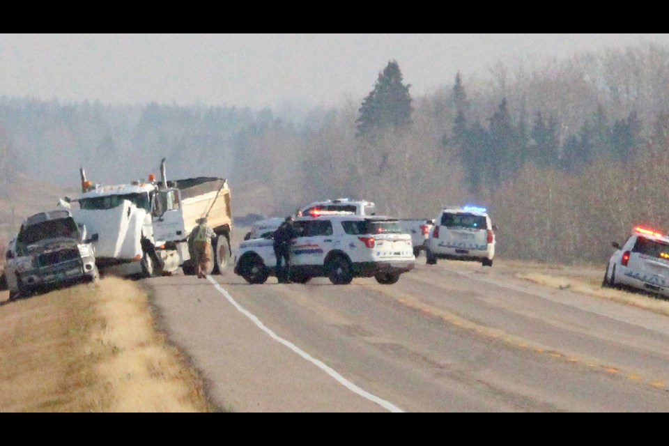 One of the 140 traffic calls that Lac La Biche attended during October was a two-vehicle crash on Highway 55 near Rich Lake on October 19.