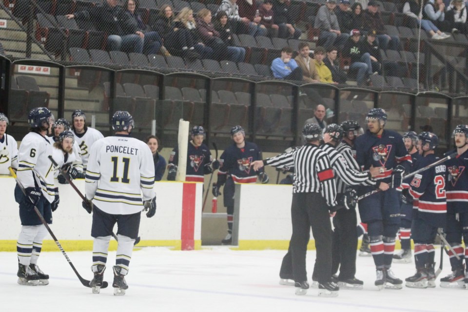 Officials kept both teams separated at the end of Friday night's 2-0 loss for the Voyageurs.