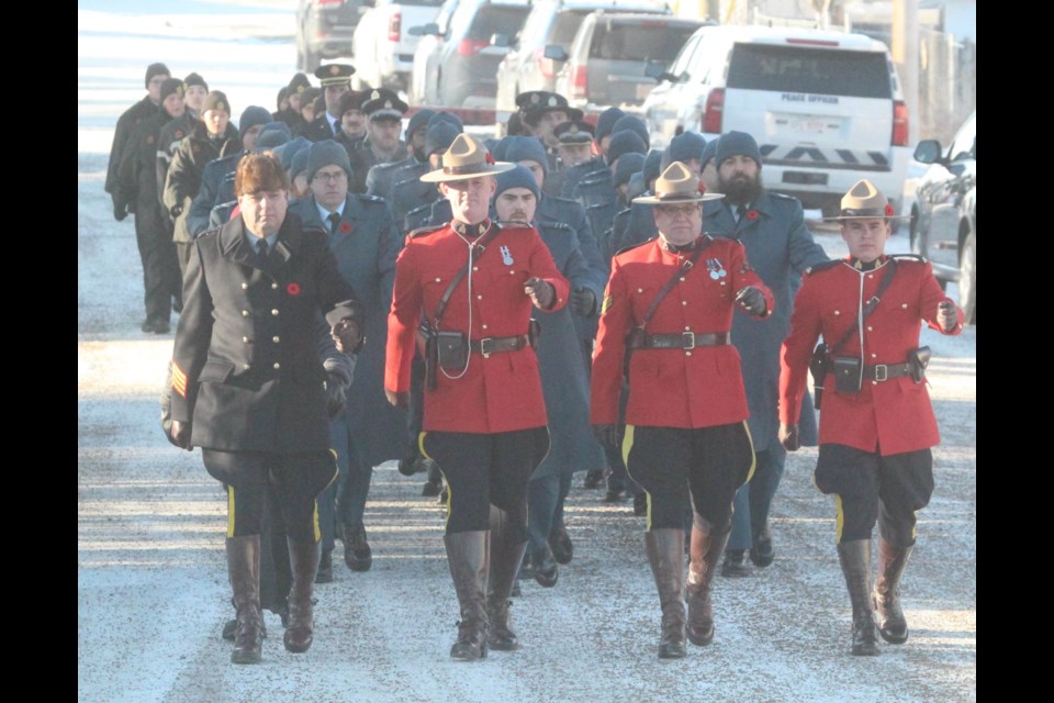 A procession to the Lac La Biche Royal Canadian Legion McGrane Branch 28 cenotaph on Friday morning began the local Remembrance Day ceremony. Image Rob McKinley