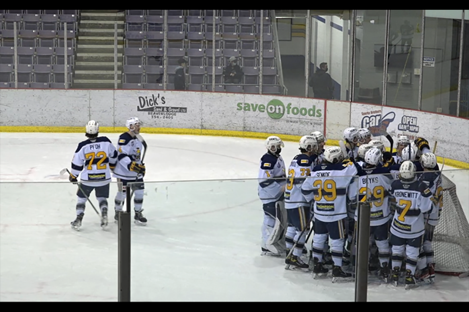 The Spruce Grove Saints celebrate after goalie Tristan Martin scores on an empty net, Jan. 18. / Photo courtesy Spruce Grove Saints