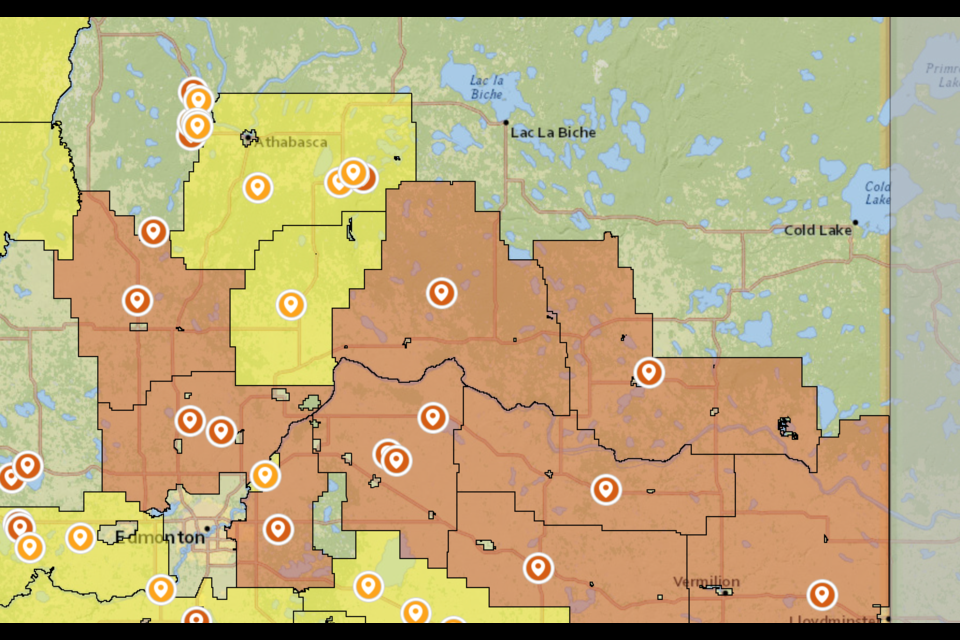 On Friday, the map available through Alberta Fire Bans shows some areas of the Lakeland still have restrictions in place.