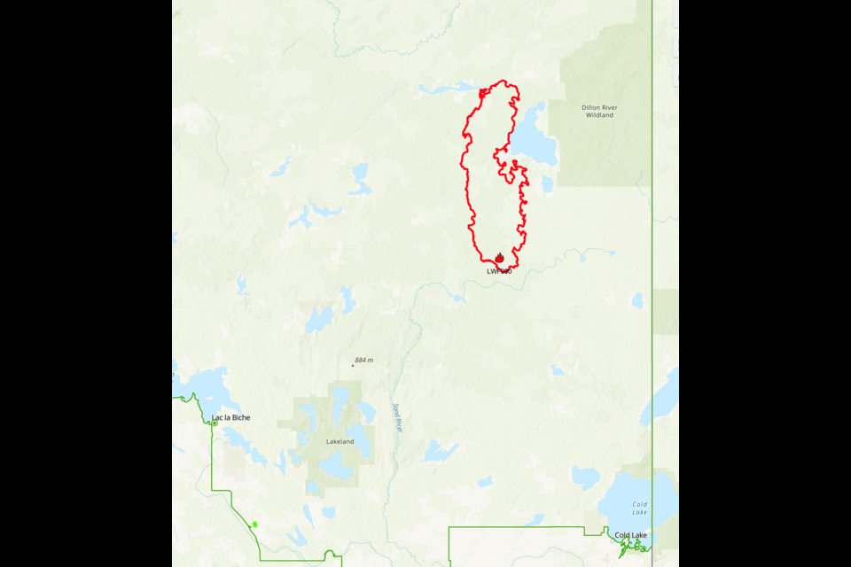 A map from the Government of Alberta shows where a fire is burning out of control.