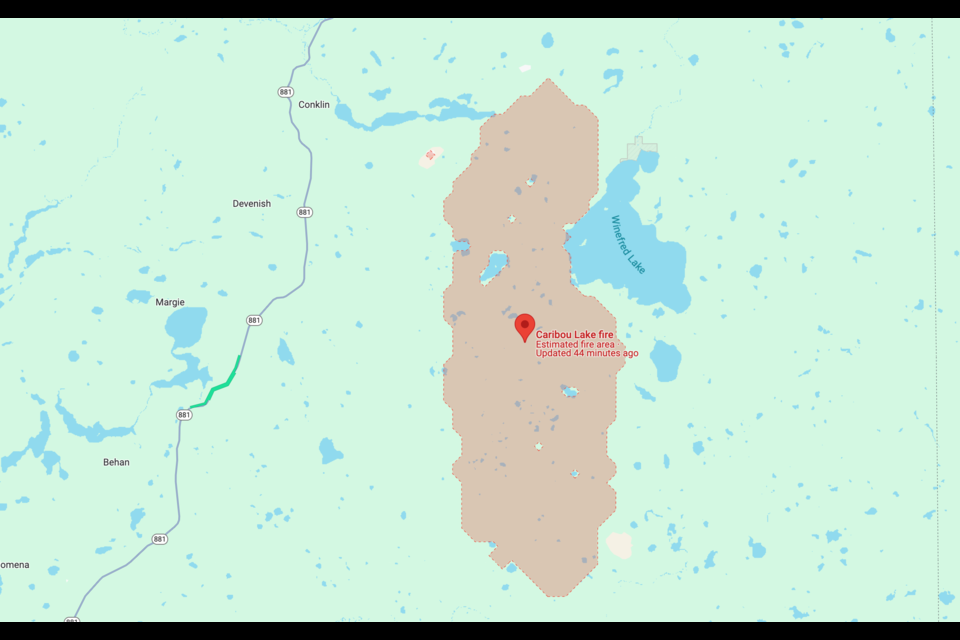 A map showing the area of the wildfire in relation to the community of Conklin, June 5.