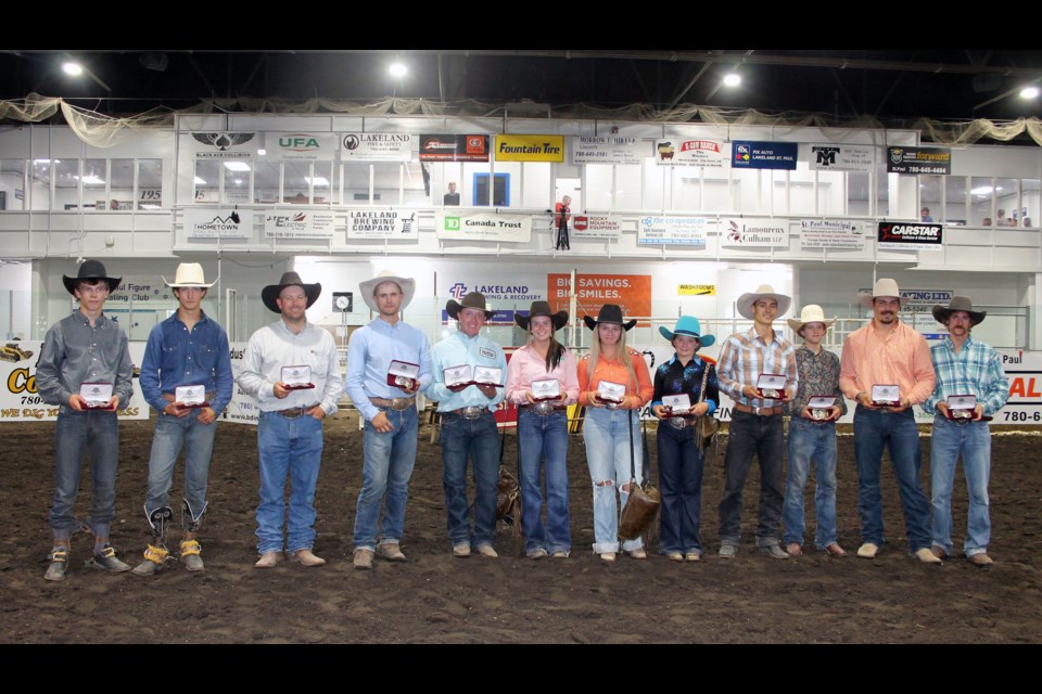 Lakeland Rodeo Association’s 2022 Showdown champions, left to right, are: Beau Gardner, Junior Bull Riding; Darrion Ference, Bull Riding; Dayton Roworth, Steer Wrestling; Austin Young, Team Roping Heeler; Koby Ziemmer, Team Roping Header and Tie Down Roping; Kaitlin Haeberle, Ladies Barrel Racing; Wacey Nickel, Junior Barrel Racing; Paiten Axten, Peewee Barrel Racing; Dylan Young, Novice Horse Riding; Sloan McConnell, Junior Steer Riding; Colton Ouellette, Bareback Riding and Dylan Duperron, Saddle Bronc Riding.