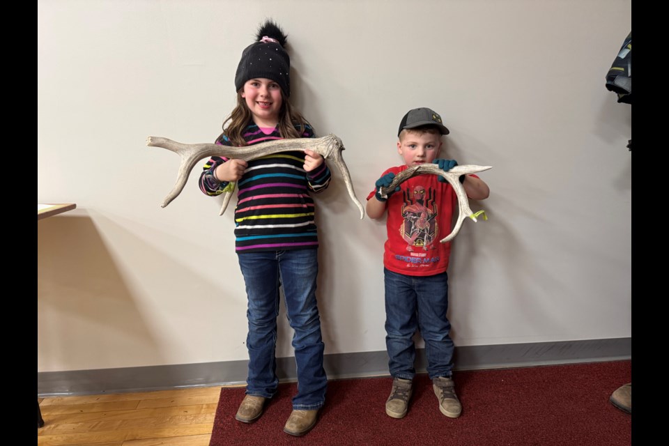 Oksanna and Weston Brosseau both found sheds during the Lac Bellevue Ag Society's third annual antler shed hunt.