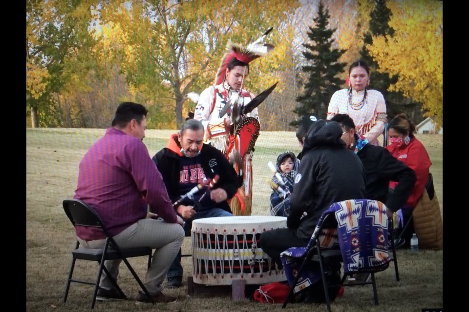 Drummers and traditional dancers at the 2022 Portage College Sunrise Ceremony. This year's event is held on Friday, September 29, leading to  the National Day for Truth and Reconciliation on Sept. 30.