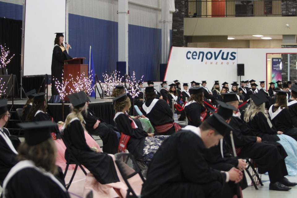 Valedictorian Chenoa Kaufman addresses her classmates and their invited guests at the Bold Center ceremony.