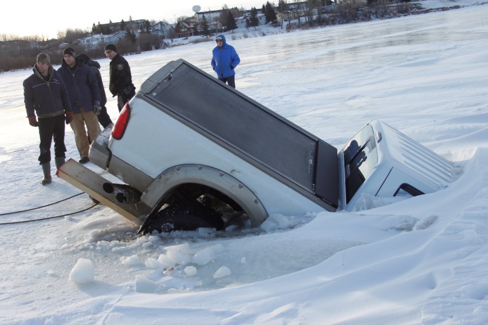 Emergency crews don't have images from the recent ice breakthroughs, but an example of the danger is evident in this file photo from the Lac La Biche POST, taken just west of Squirrely’s Point in January of 2012. 