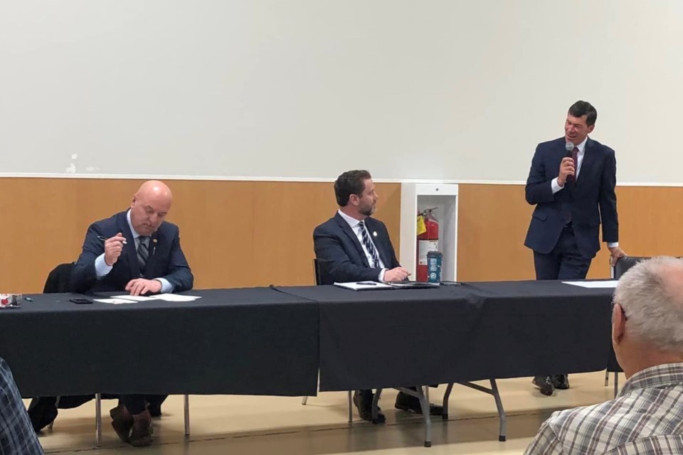 Bonnyville-Cold Lake-St. Paul UCP nominees, David Hanson, Scott Cyr and Greg Sawchuck (from left to right), take part in a candidate forum on Dec. 3 at the Beaver River Fish and Game Hall. / Photo supplied