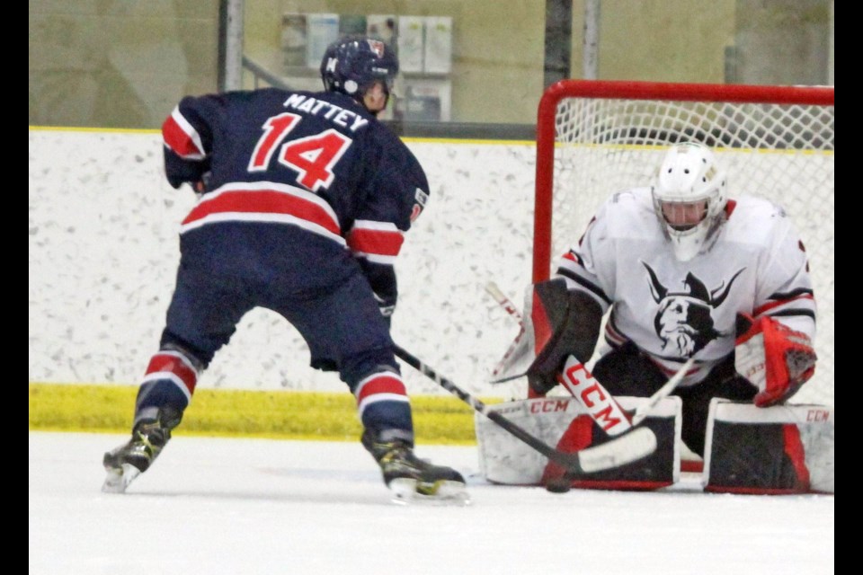 Shot-save. One of many in the tight Saturday night battle between the Voyageurs and Vikings. The Voyageurs lost the game 5-4 in overtime. The night before, they lost 5-1 to the VIkings.