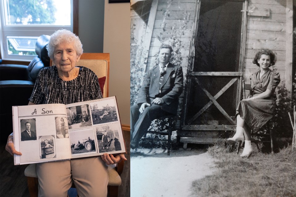 (Left) Annie Bergheim turned 100 on March 28, 2020. Bergheim is now a resident at the Lacalta Lodge in Lac La Biche. Pictured at right is a photo of Annie and her husband Tom Bergheim in front of their first home.