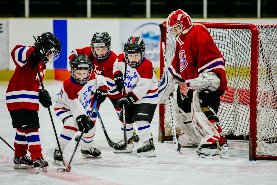 Goalie Emma Ostapovich watches as a group of Timbits players try to score during Friday's All-Star Game.