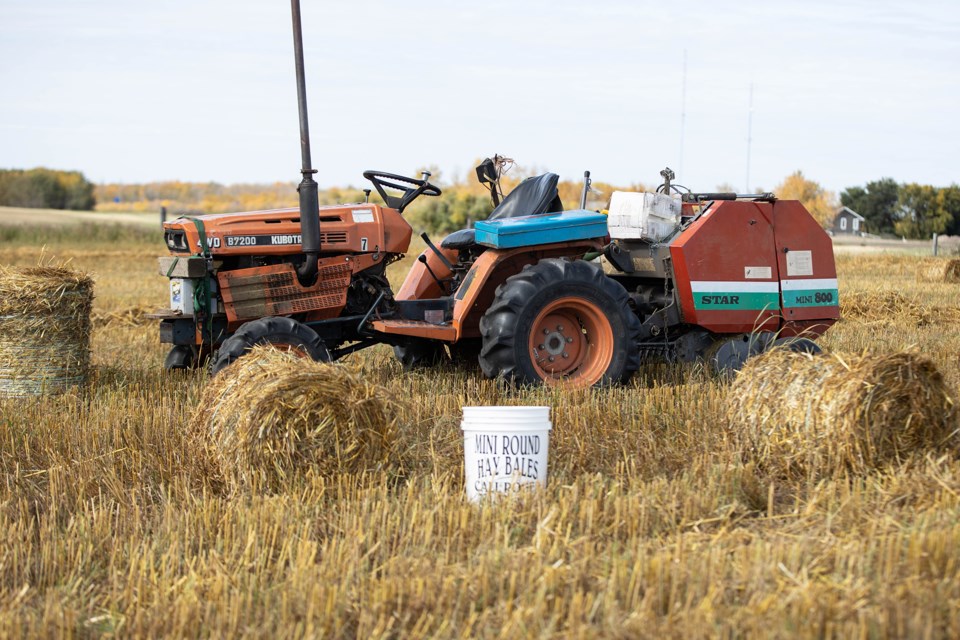 Roger Bachelet has found a niche market in making and selling mini round bales. Janice Huser photo.