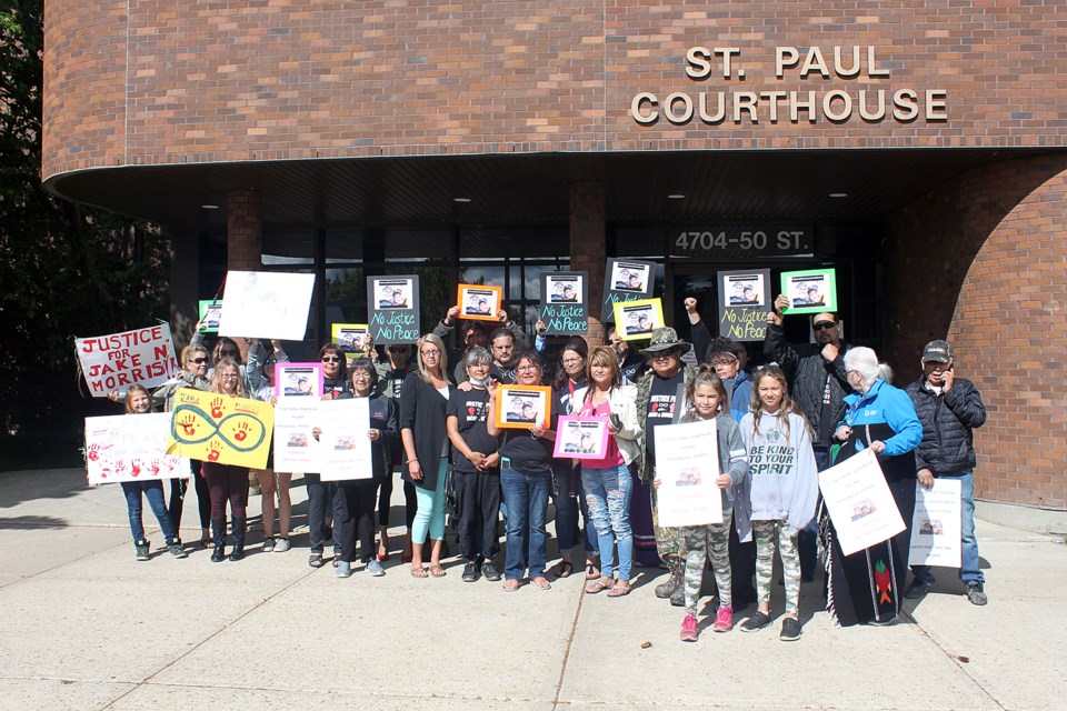 Family, friends and representatives of the Métis Nation gathered outside the St. Paul courthouse this morning, while inside two Glendon men appeared on charges of second degree murder. Clare Gauvreau photo.