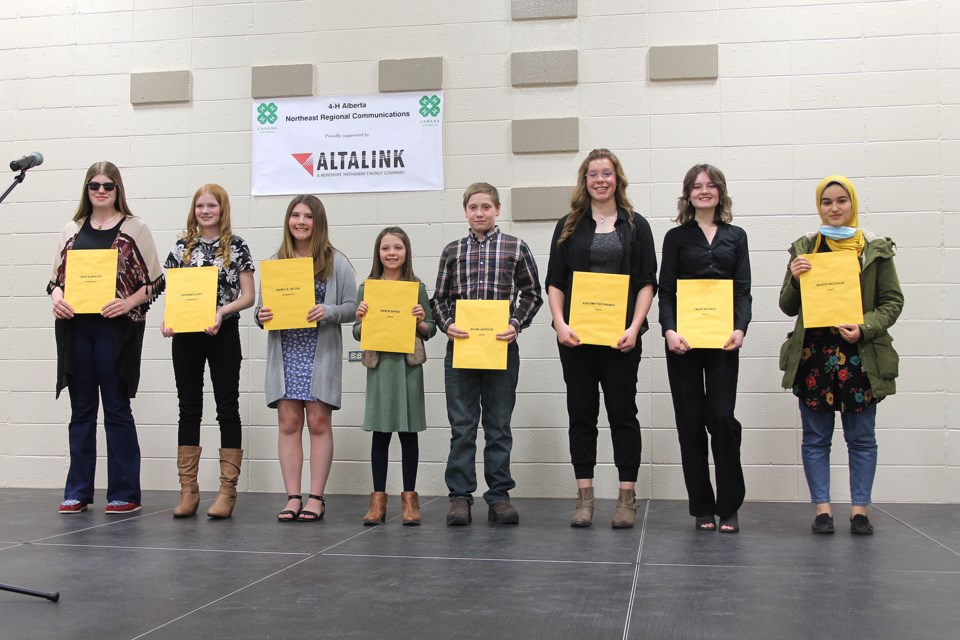 The North East 4-H Region’s top speakers, left to right, are: Intermediates Kate Albrecht, Beaver, first, Shyanne Klatt, St. Paul, second and Isabelle Jacula, Vermilion River, third; Juniors Kenzie Byrne, Vermilion River, first and Rylan Jackson, Minburn, second (not shown, Paislee Trefanenko, St. Paul, third); and Seniors Ashlynn Trefanenko, St. Paul, third, Allie Behiels, Lamont, second and Maren Abuzukar, Vermilion River, first.  