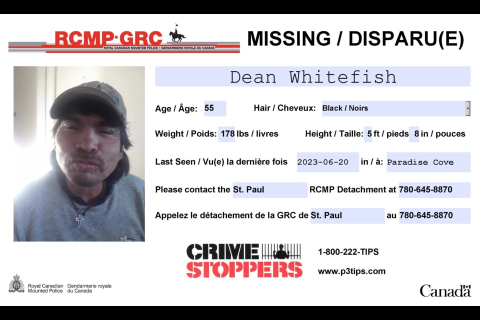 RCMP say Dean Whitefish was last seen at Paradise Cove east of Kikino on June 20.