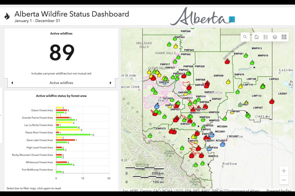 The Alberta Wildfire online map showing fires across the province.
