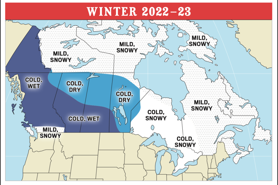 The winter prediction map according to the Old Farmer's Almanac. 