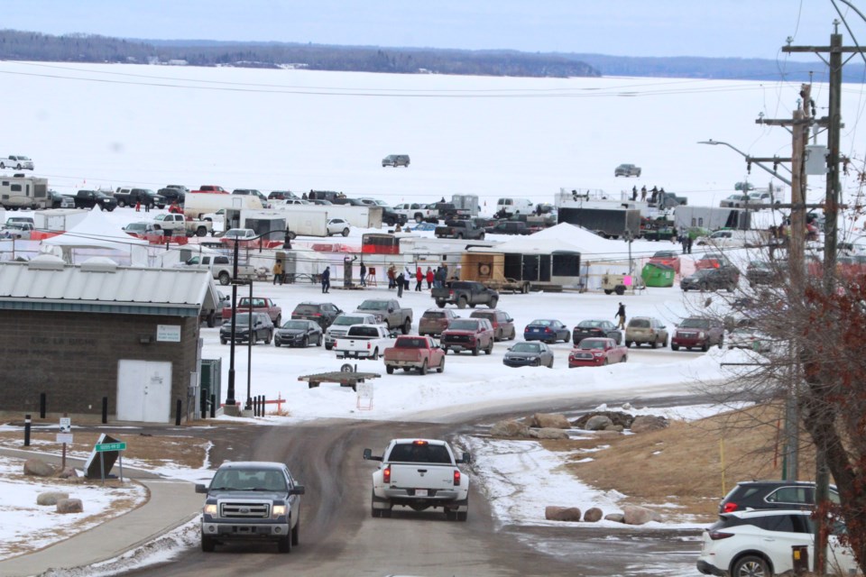 The view from the Lac La Biche shoreline shows the busy on-ice activity of the Winter Festival of Speed.   Image Rob McKinley