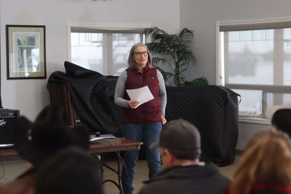 Alberta Beef Producers chair Melanie Wowk speaks at a producer meeting in St. Paul on Jan. 13. 