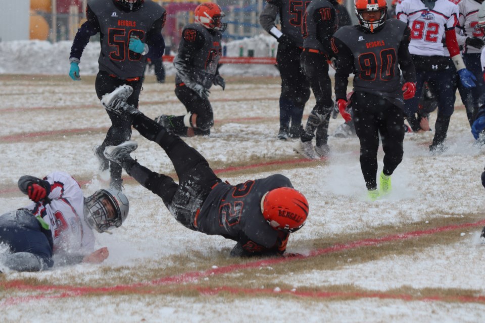 The St. Paul Bengals and the Bonnyville Bandits clash at the Bantam Wheatland Football League Championship on Nov. 5.