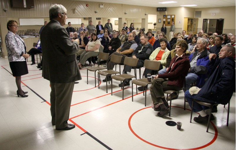 Education Minister Dave Hancock speaks to current and retired teachers on Thursday in Ardmore as Bonnyville-Cold Lake MLA and former teacher Genia Leskiw looks on. Hancock