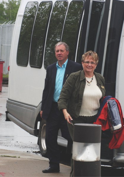 Alberta Energy Minister Ron Liepert returns to the 4 Wing airport with Bonnyville-Cold Lake MLA Genia Leskiw after a quick stop at Imperial Oil&#8217;s local oilsands