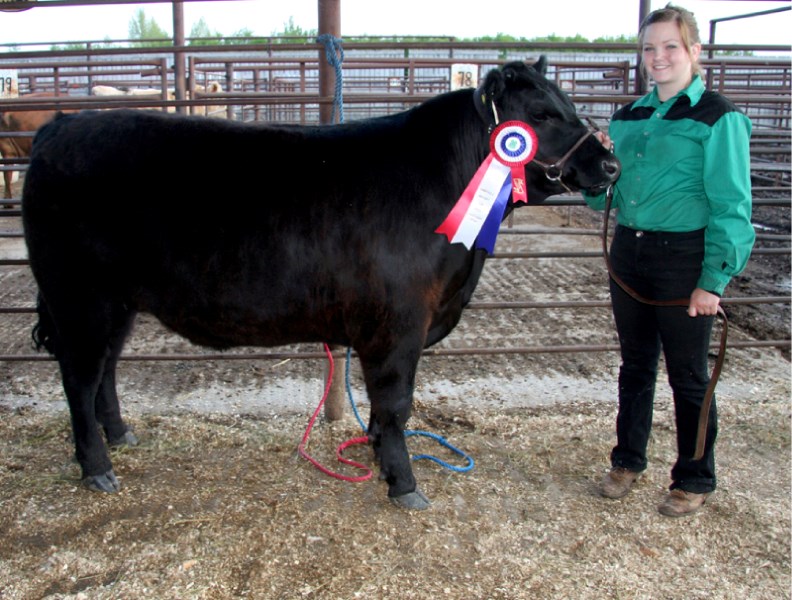 Rebeccca Moon of the Ardmore 4H Beef Club poses with her grand champion steer, Dante. The animal was bought by Tri-City Contracting at the Bonnyville District 4H Show and