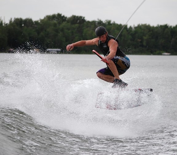 Bonnyville local Kyle Kipps performs a &#8220;180 shuvit&#8221; on his wakeskate at the WakeRide competition in Saskatoon on July 10.