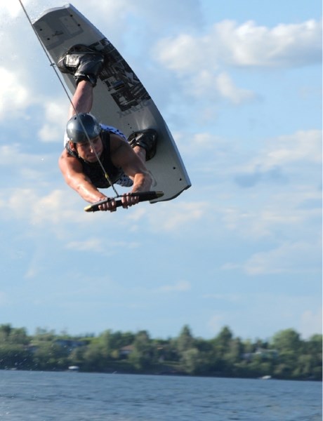 Bonnyville resident Clifford Galloway performs an air raillie during the WakeRide event in Saskatoon on July 10.
