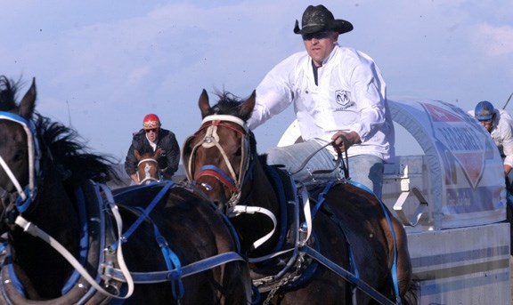 Doug Irvine drives his team on the home stretch on the second day of racing at the Bonnyville Chuckwagon Championship.