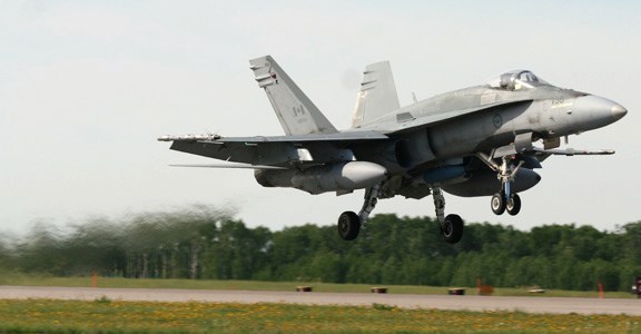 A CF-18 Hornet takes off during recent Maple Flag international exercises at CFB Cold Lake 4 Wing. 