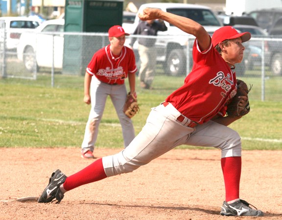 Pitcher Nikolas Cardinal shows off his fastball, pitching for the Bonnyville Braves at the Extravaganza Tournament, which took place here in Bonnyville Sept. 3 &#8211; 5.