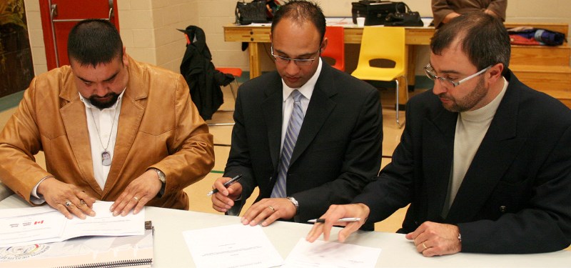 (from left) Chief of Kehewin Cree Nation Ernest Gadwa, along with Simon Sihota regional environment health manager for Health Canada and Rob Barone director of contract